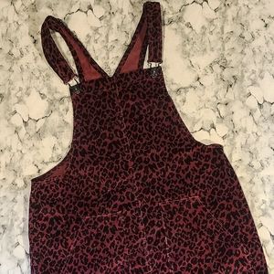 Burgundy Leopard Print Corduroy Overall Dress